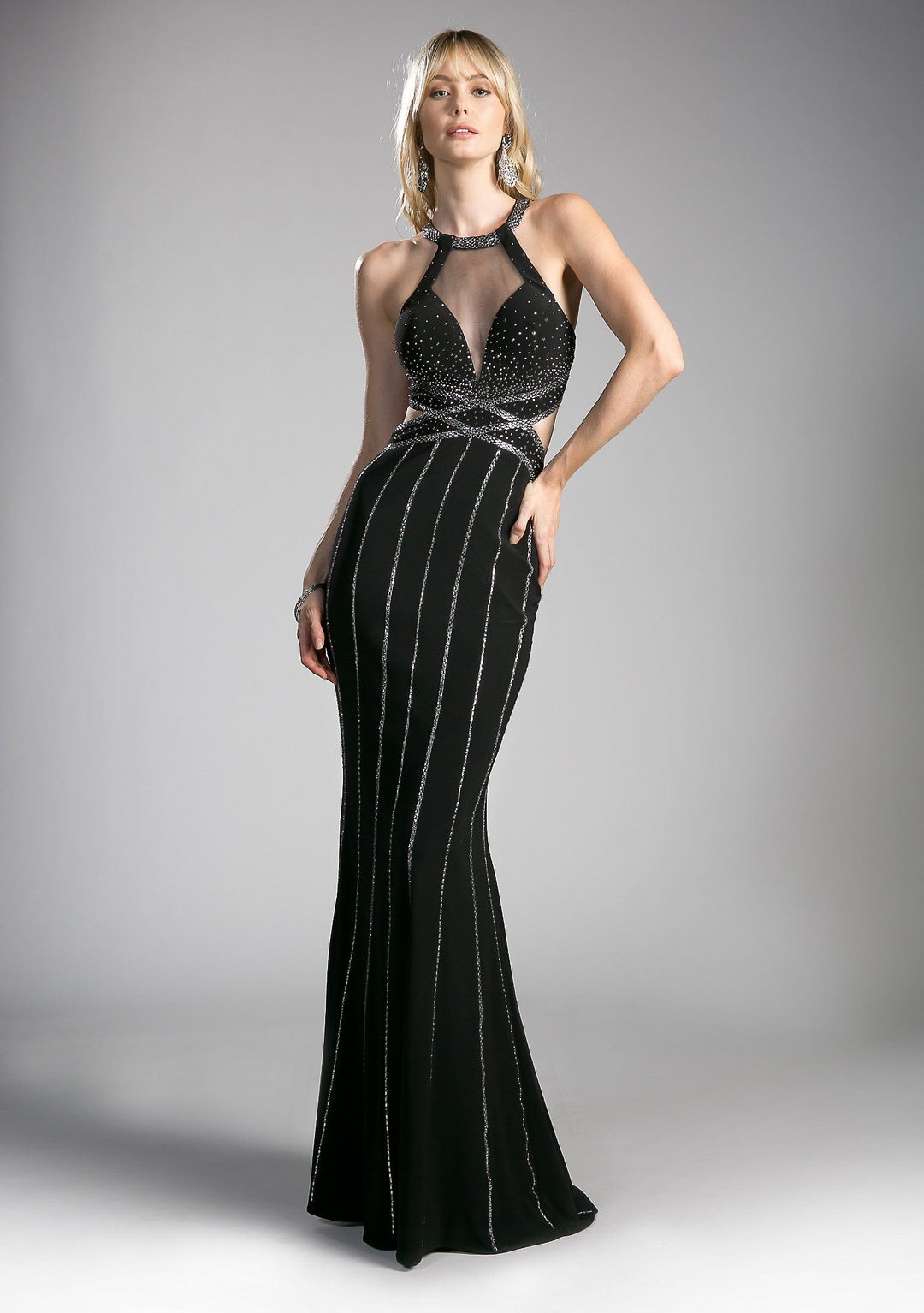Beaded Long Black Halter Formal Dress by Cinderella Divine CD0121-Long Formal Dresses-ABC Fashion