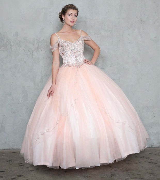 Beaded Long Cold Shoulder Dress with A-line Skirt-Quinceanera Dresses-ABC Fashion