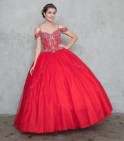Beaded Long Cold Shoulder Dress with A-line Skirt-Quinceanera Dresses-ABC Fashion