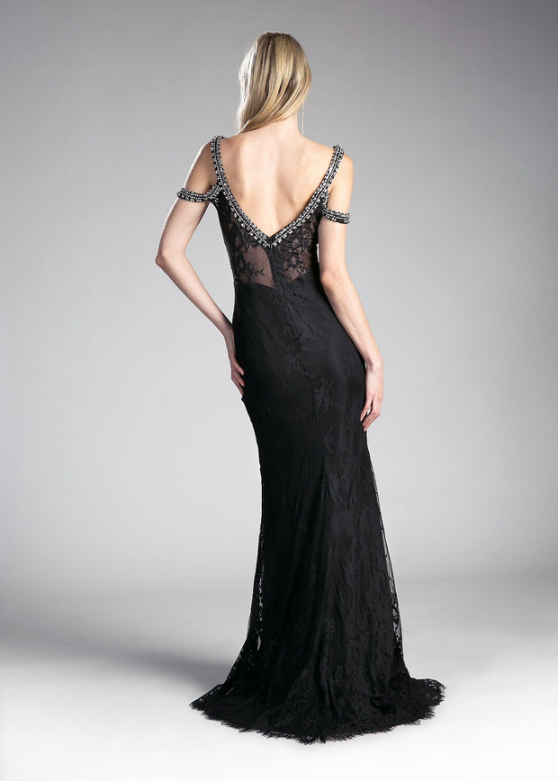 Beaded Long Cold Shoulder Lace Dress by Cinderella Divine 13112A-Long Formal Dresses-ABC Fashion