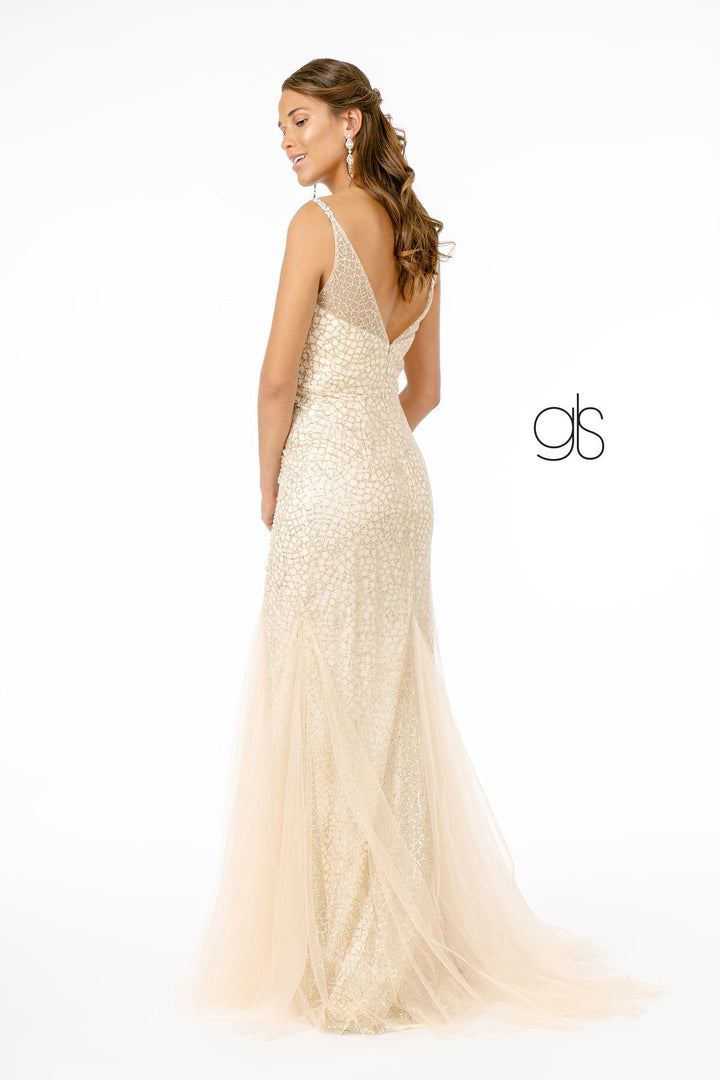 Beaded Long Deep V-Neck Mermaid Dress by Elizabeth K GL1842