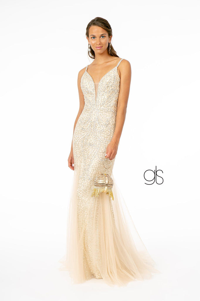 Beaded Long Deep V-Neck Mermaid Dress by Elizabeth K GL1842 Xs / Light Gold