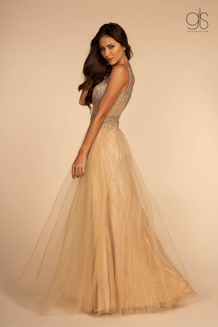 Beaded Long Glitter Sheer V-Neck Dress by Elizabeth K GL2618-Long Formal Dresses-ABC Fashion