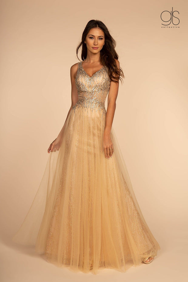 Beaded Long Glitter Sheer V-Neck Dress by Elizabeth K GL2618-Long Formal Dresses-ABC Fashion