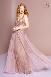 Beaded Long Glitter Sheer V-Neck Dress by Elizabeth K GL2618-Long Formal Dresses-ABC Fashion