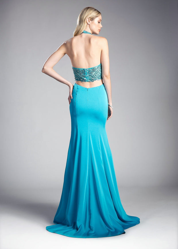 Beaded Long Halter Formal Dress by Cinderella Divine 85201-Long Formal Dresses-ABC Fashion