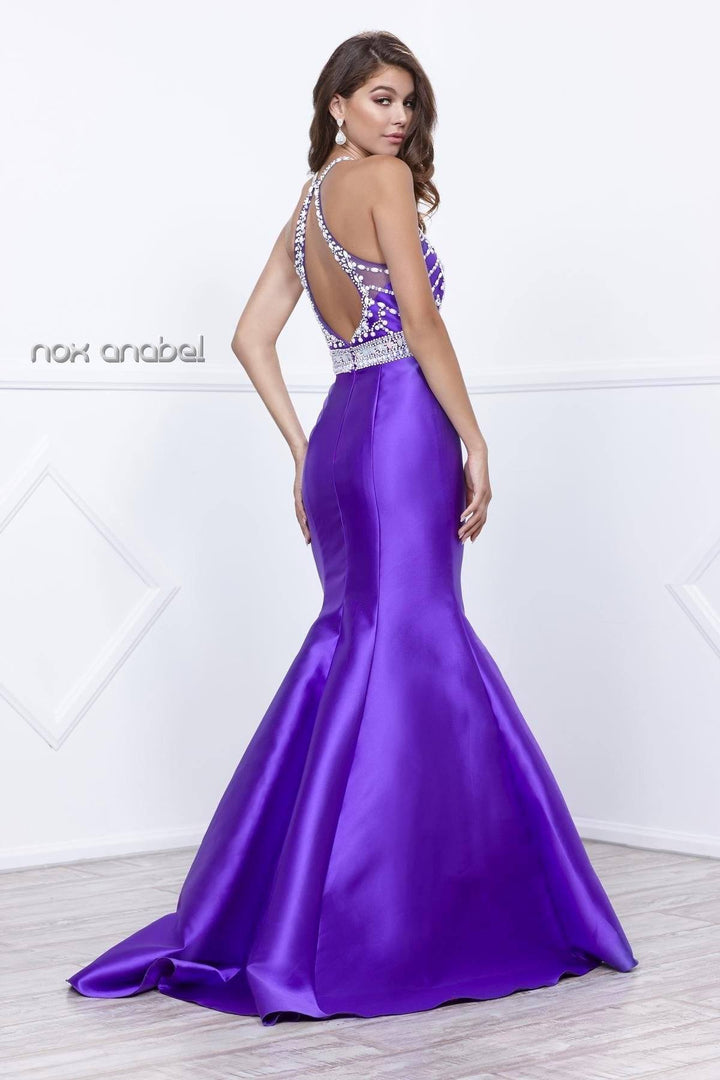Beaded Long Open Back Mermaid Dress by Nox Anabel 8296-Long Formal Dresses-ABC Fashion