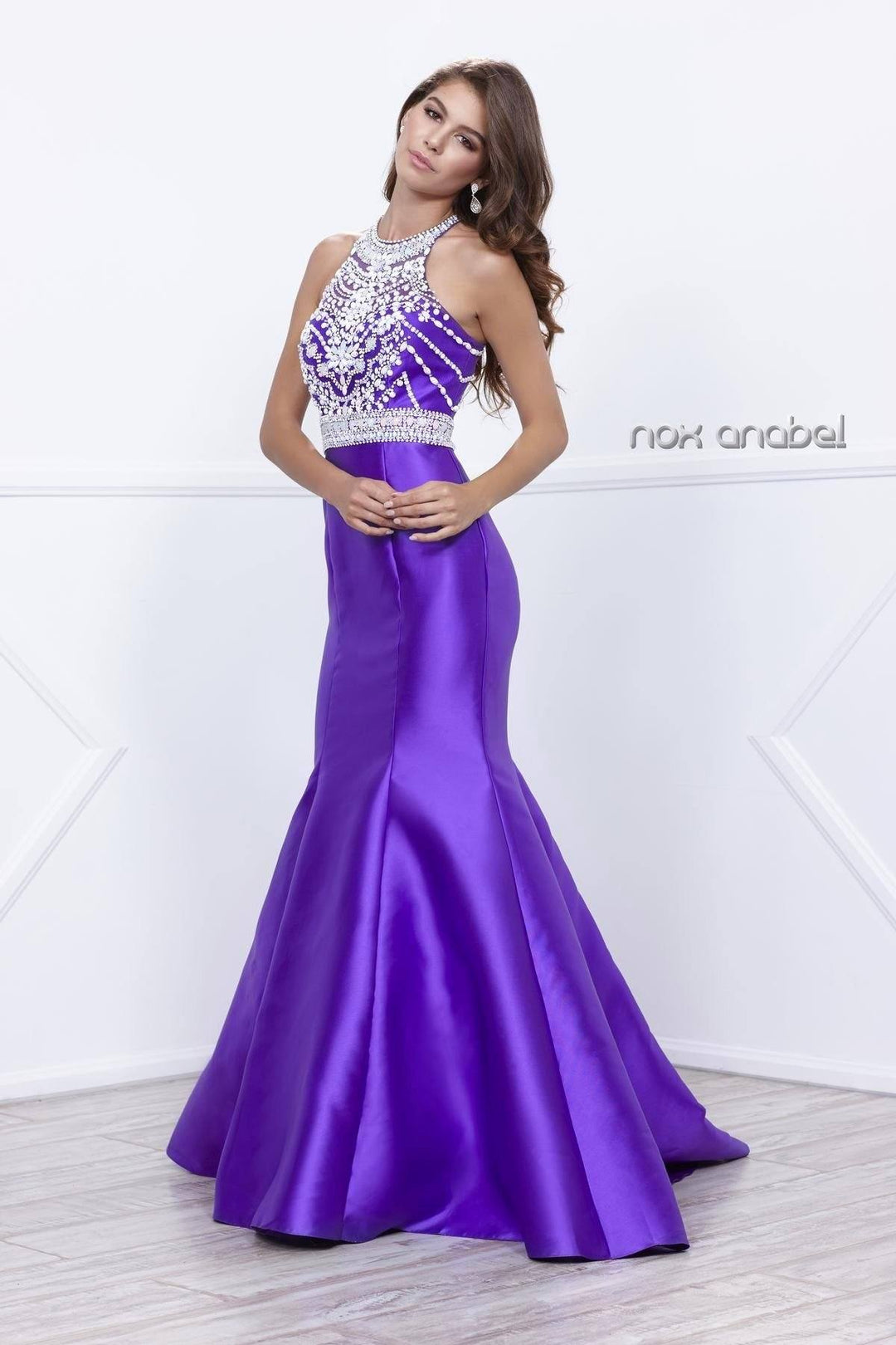 Beaded Long Open Back Mermaid Dress by Nox Anabel 8296-Long Formal Dresses-ABC Fashion