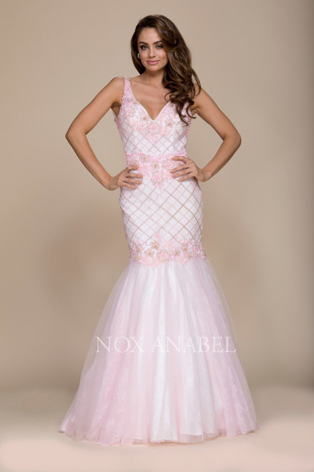 Beaded Long Pink V-Neck Mermaid Dress by Nox Anabel 8329-Long Formal Dresses-ABC Fashion