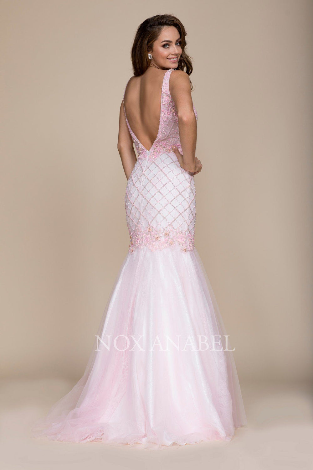 Beaded Long Pink V-Neck Mermaid Dress by Nox Anabel 8329-Long Formal Dresses-ABC Fashion