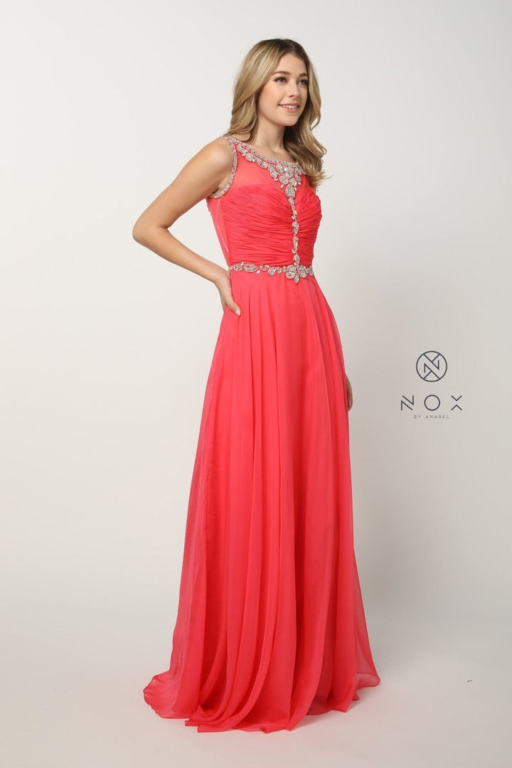 Beaded Long Sleeveless Illusion Dress by Nox Anabel 8155