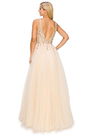 Beaded Long V-Neck Tulle Dress by Cinderella Couture 8034J