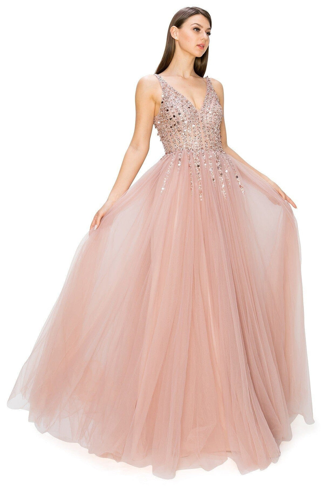 Beaded Long V-Neck Tulle Dress by Cinderella Couture 8034J