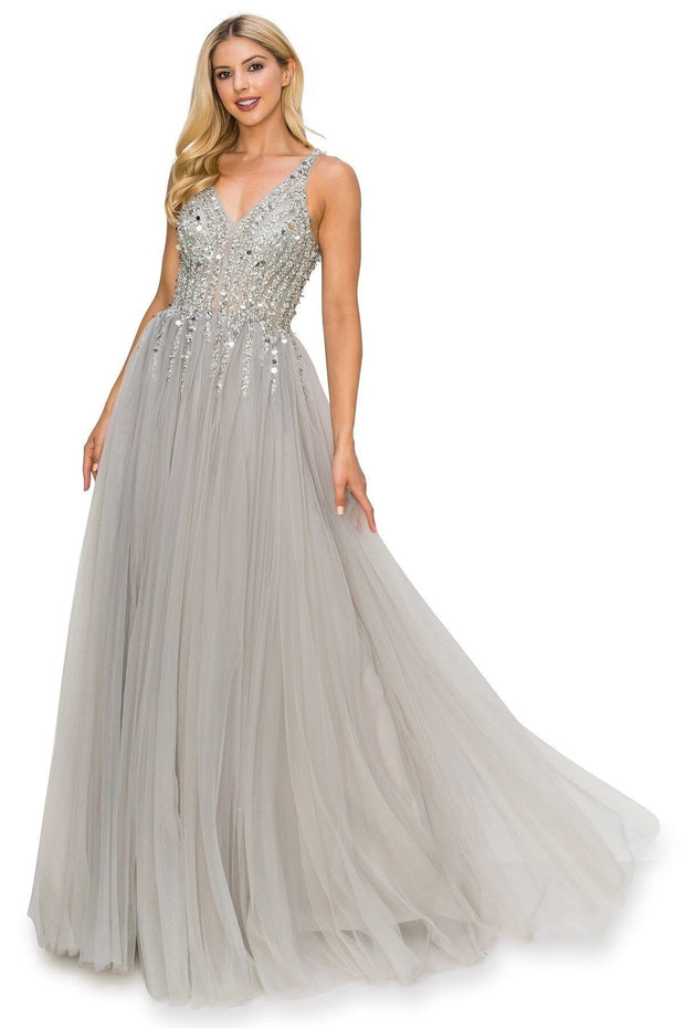 Beaded Long V-Neck Tulle Dress by Cinderella Couture 8034J