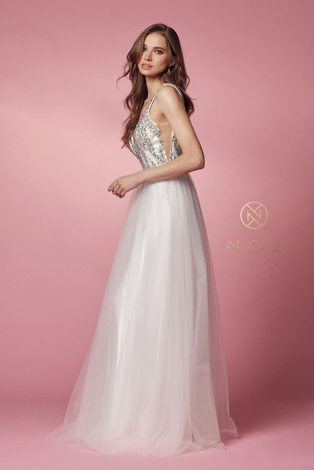 Beaded Long V-Neck Tulle Dress by Nox Anabel R283