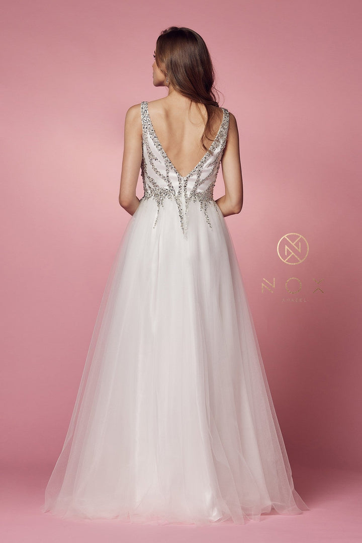 Beaded Long V-Neck Tulle Dress by Nox Anabel R283
