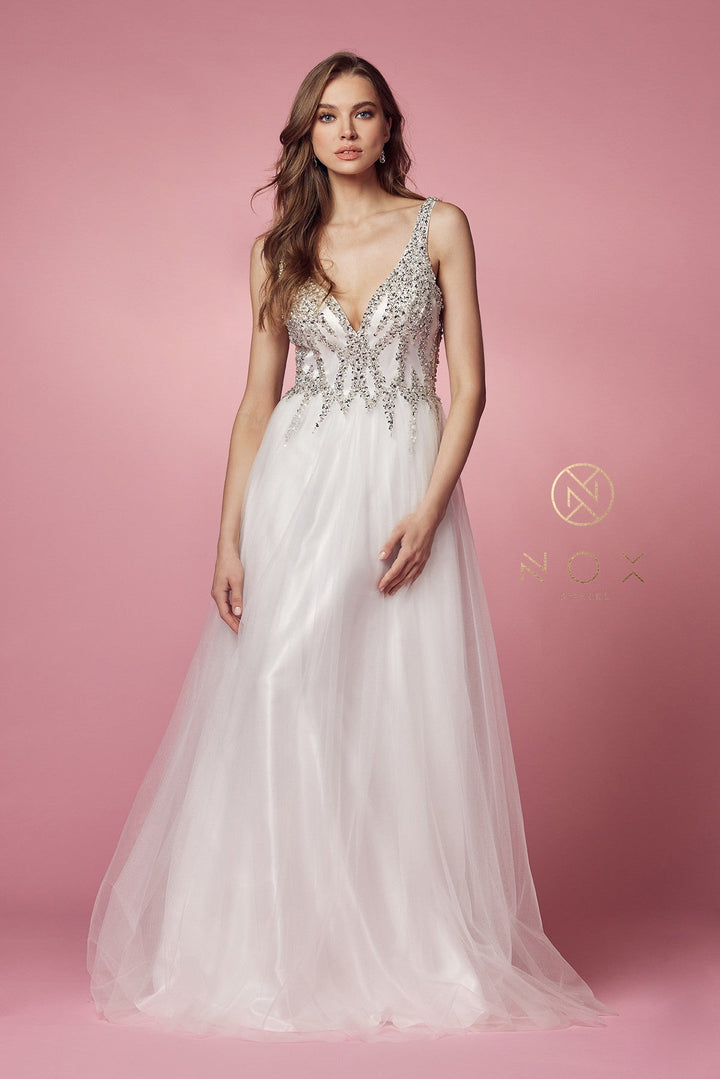 Beaded Long V-Neck Tulle Dress by Nox Anabel R283
