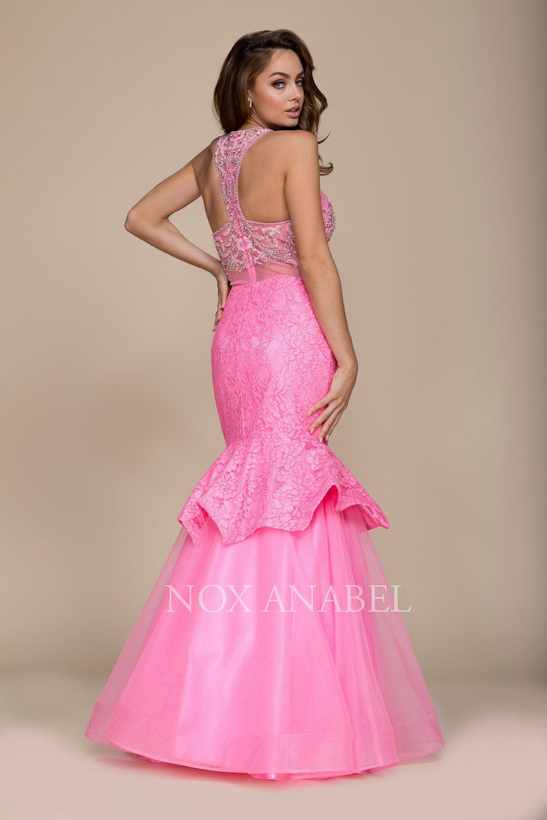 Beaded Mock Two-Piece Mermaid Dress by Nox Anabel 8284-Long Formal Dresses-ABC Fashion