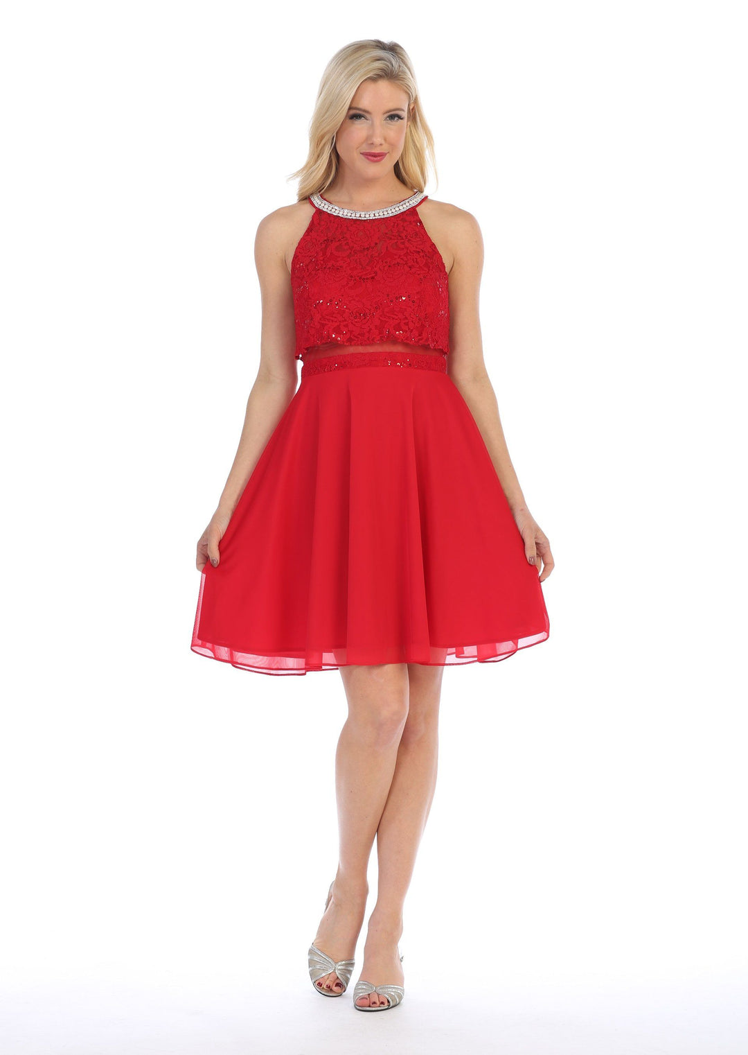 Red halter cocktail dress hot sale
