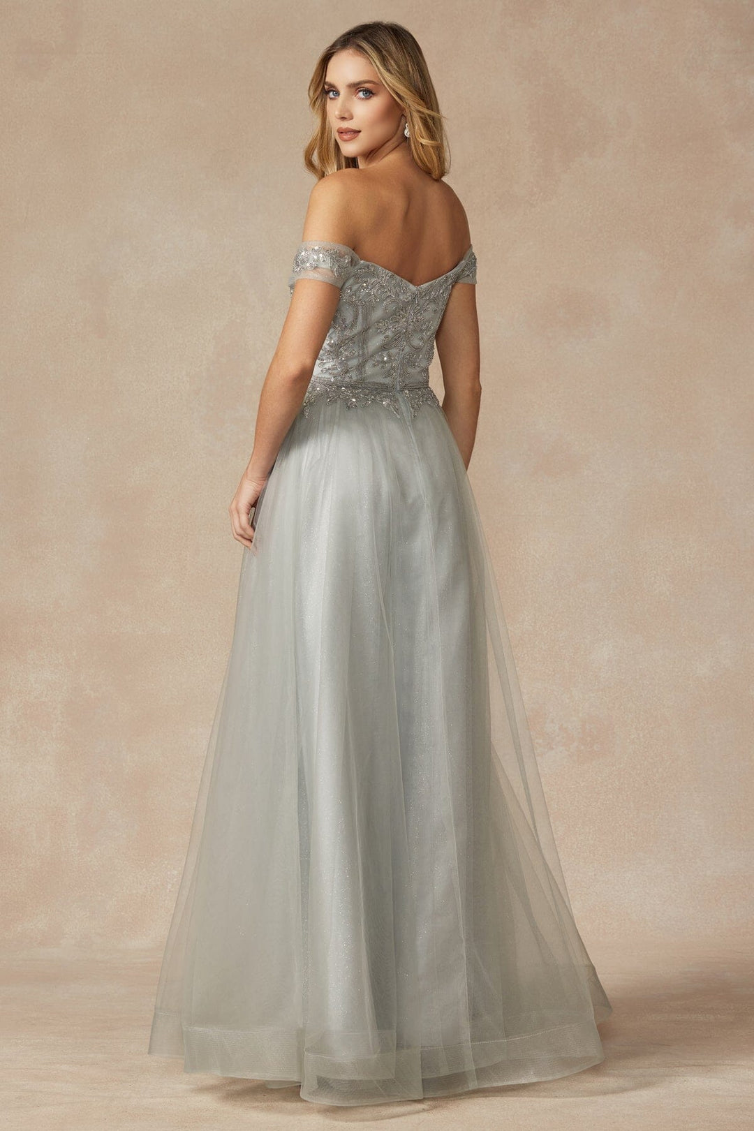 Beaded Off Shoulder A-line Gown by Juliet 287