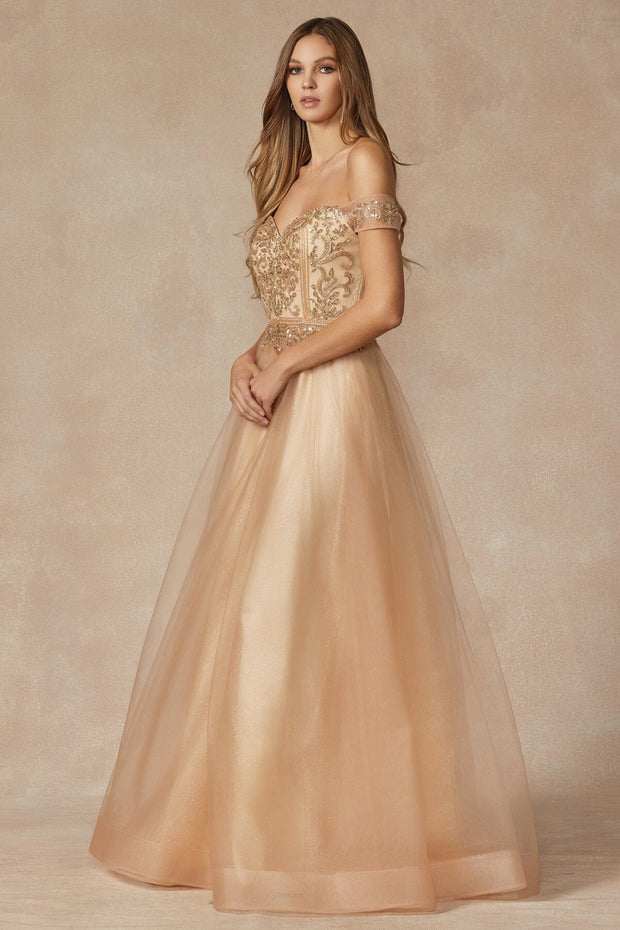 Beaded Off Shoulder A-line Gown by Juliet 287