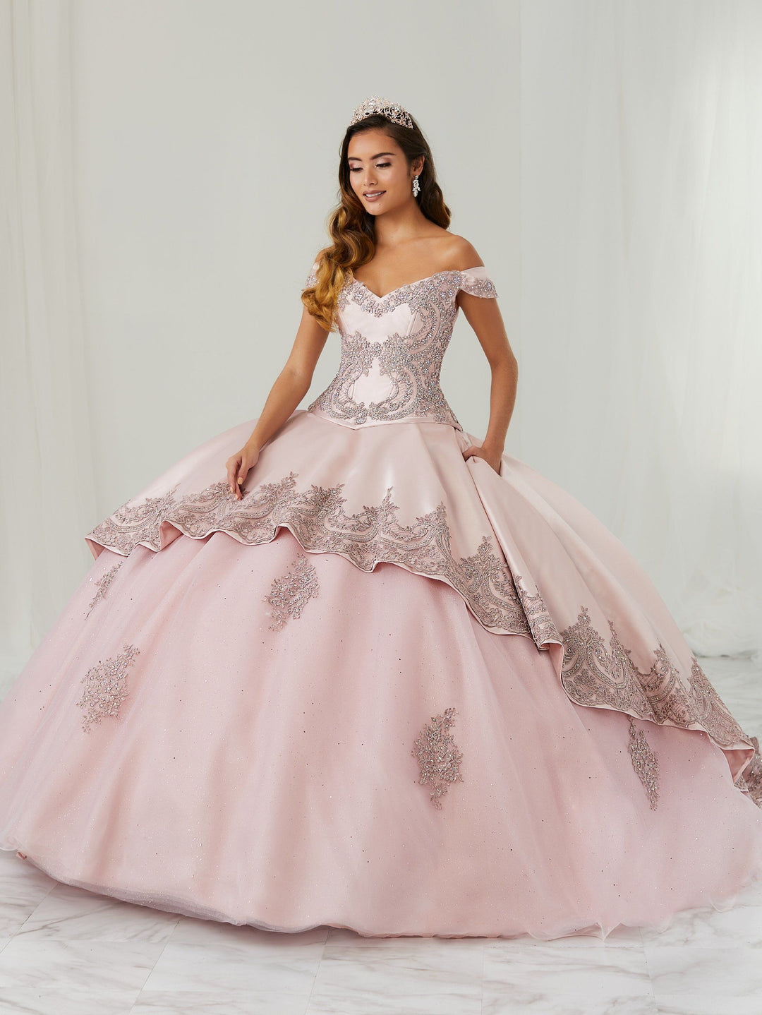 Beaded Off Shoulder Quinceanera Dress by LA Glitter 24086