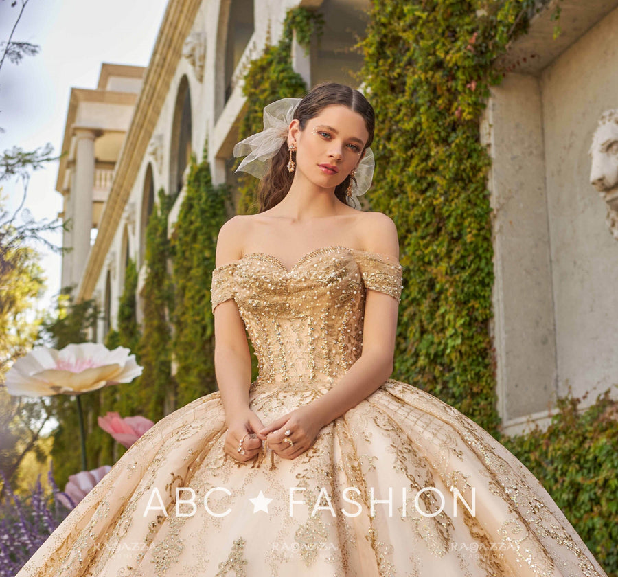 Off Shoulder Sleeveless Beaded Gold Appliques Blue Quinceañera Dresses WQ1415