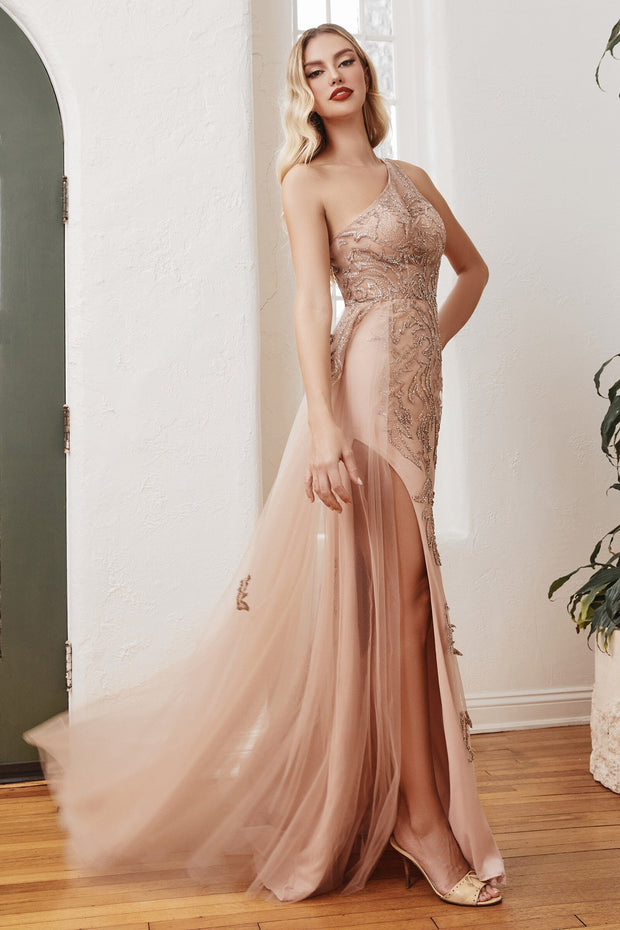 Beaded One Shoulder Overskirt Gown by Ladivine CB098