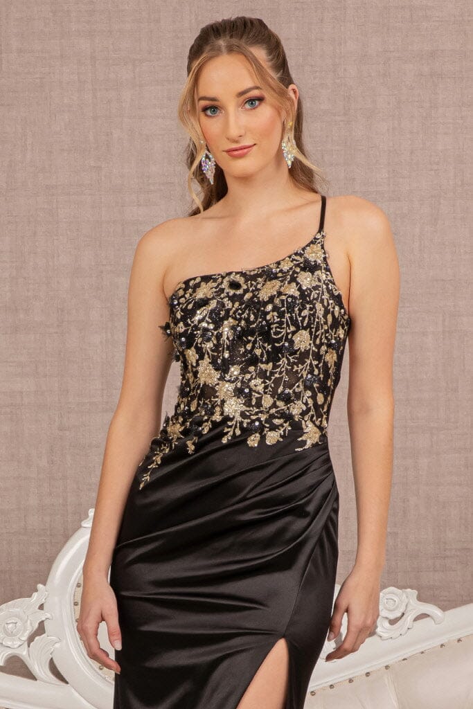 Beaded One Shoulder Slit Gown by Elizabeth K GL3125