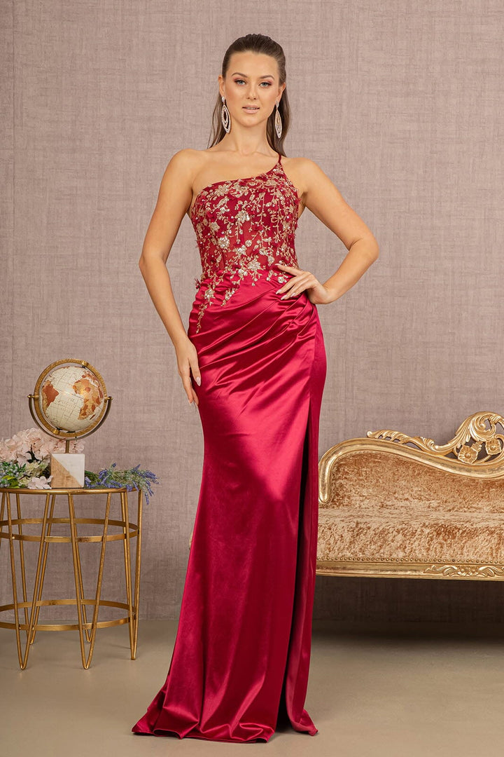 Beaded One Shoulder Slit Gown by Elizabeth K GL3125