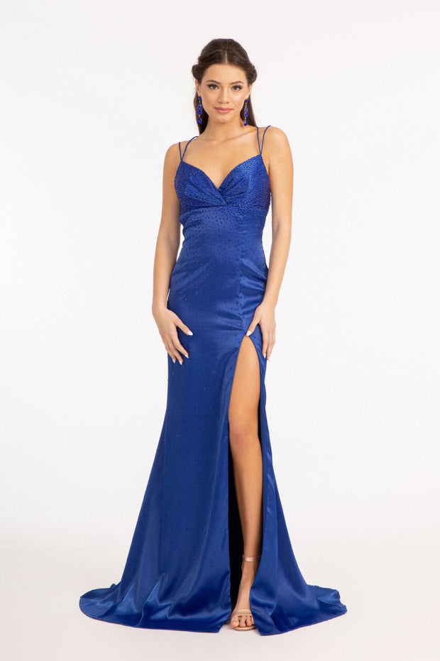 Beaded Satin Fitted Slit Gown by Elizabeth K GL3038