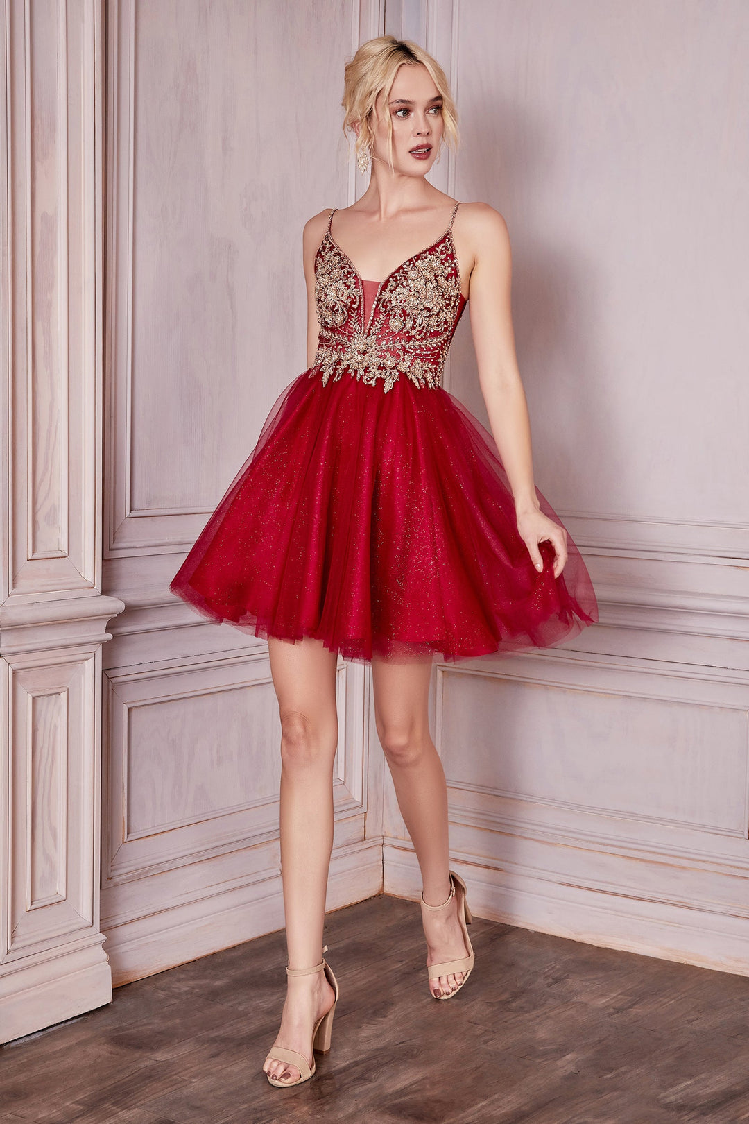 Beaded Short A-line Dress by Cinderella Divine CD0190