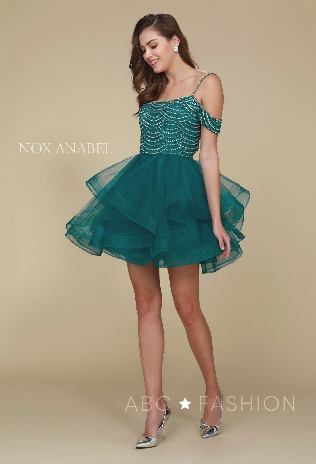 Beaded Short Cold Shoulder Dress with Tiered Skirt by Nox Anabel T668-Short Cocktail Dresses-ABC Fashion