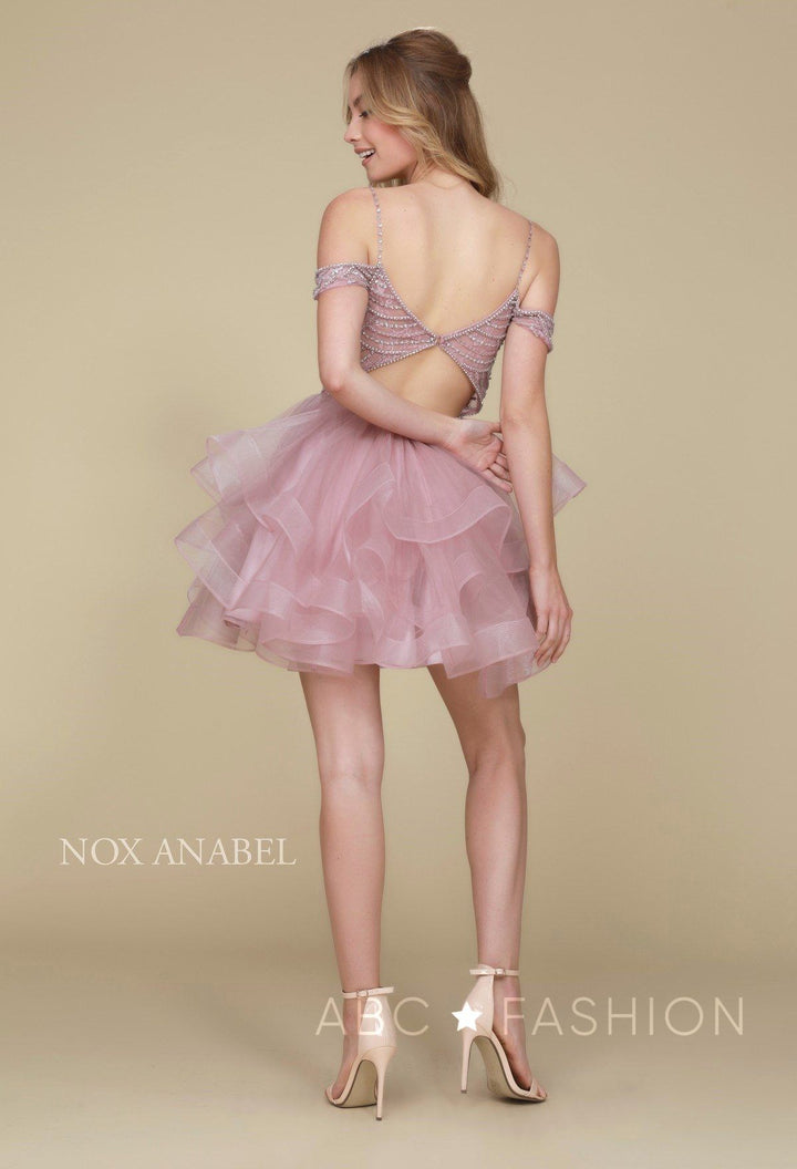 Beaded Short Cold Shoulder Dress with Tiered Skirt by Nox Anabel T668-Short Cocktail Dresses-ABC Fashion