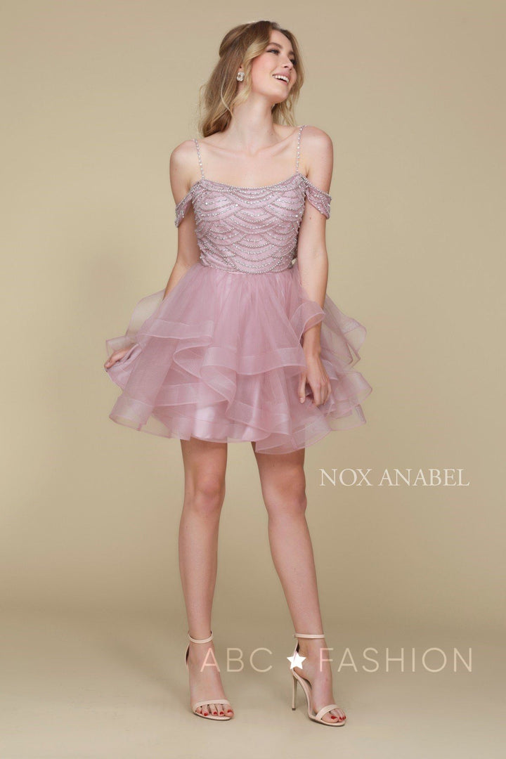 Beaded Short Cold Shoulder Dress with Tiered Skirt by Nox Anabel T668-Short Cocktail Dresses-ABC Fashion