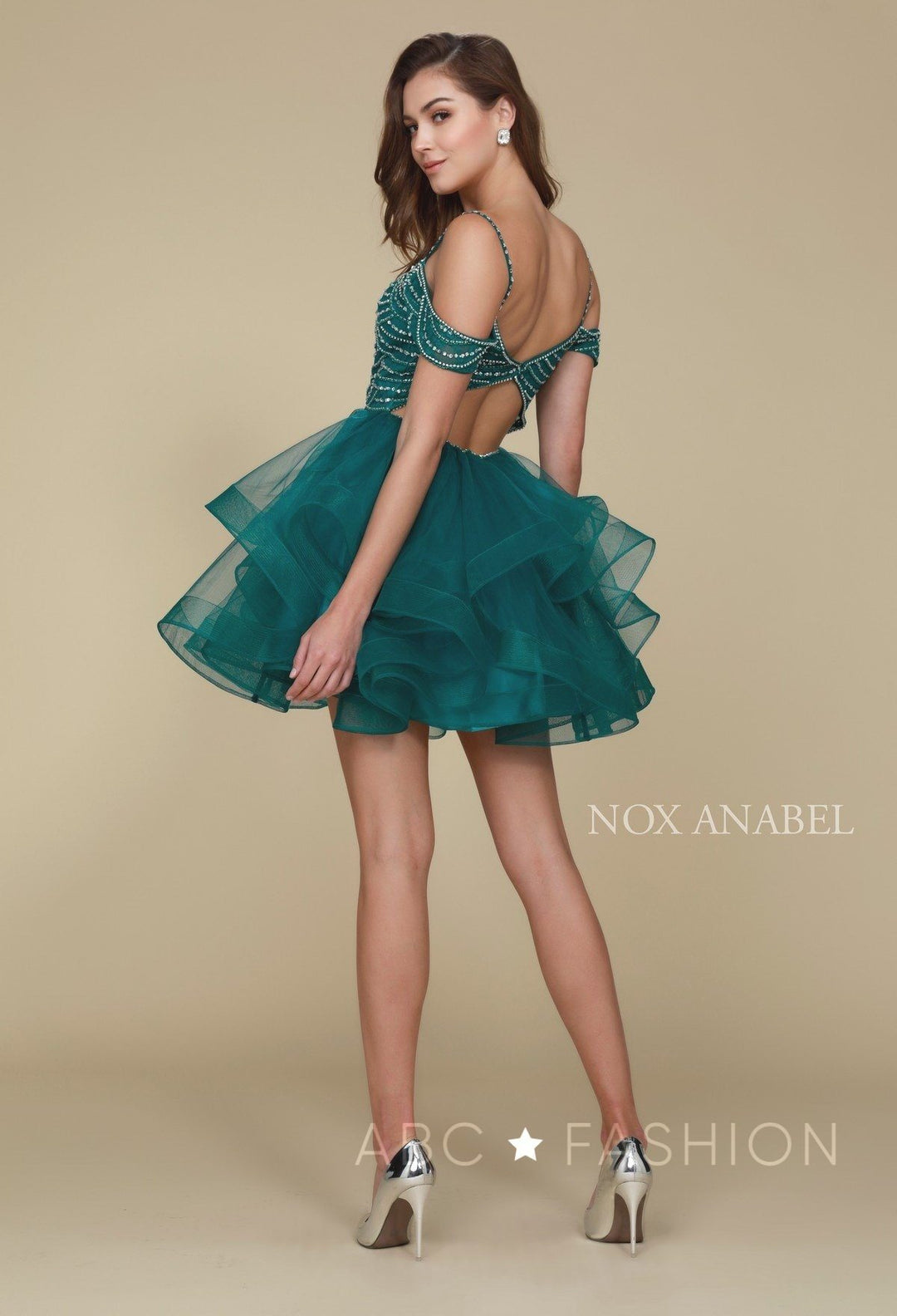 Beaded Short Cold Shoulder Dress with Tiered Skirt by Nox Anabel T668-Short Cocktail Dresses-ABC Fashion