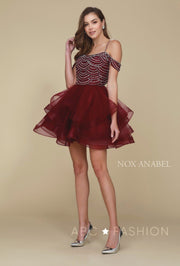 Beaded Short Cold Shoulder Dress with Tiered Skirt by Nox Anabel T668-Short Cocktail Dresses-ABC Fashion