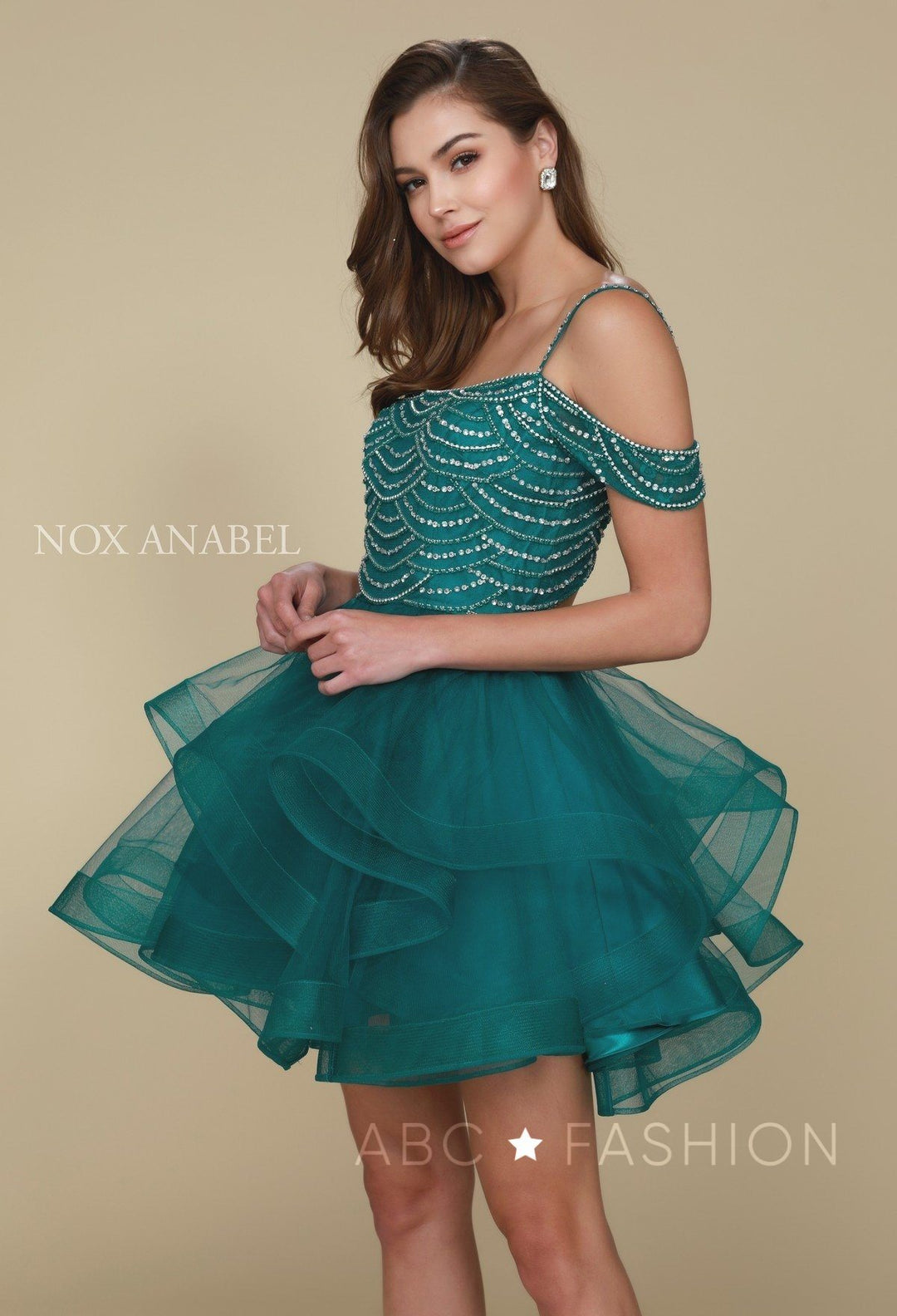 Beaded Short Cold Shoulder Dress with Tiered Skirt by Nox Anabel T668-Short Cocktail Dresses-ABC Fashion