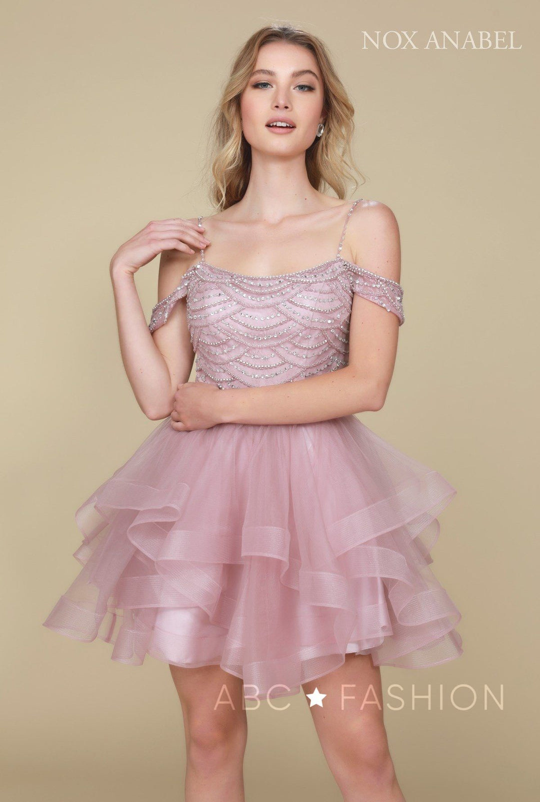 Beaded Short Cold Shoulder Dress with Tiered Skirt by Nox Anabel T668-Short Cocktail Dresses-ABC Fashion