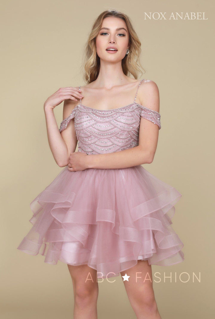 Beaded Short Cold Shoulder Dress with Tiered Skirt by Nox Anabel T668-Short Cocktail Dresses-ABC Fashion