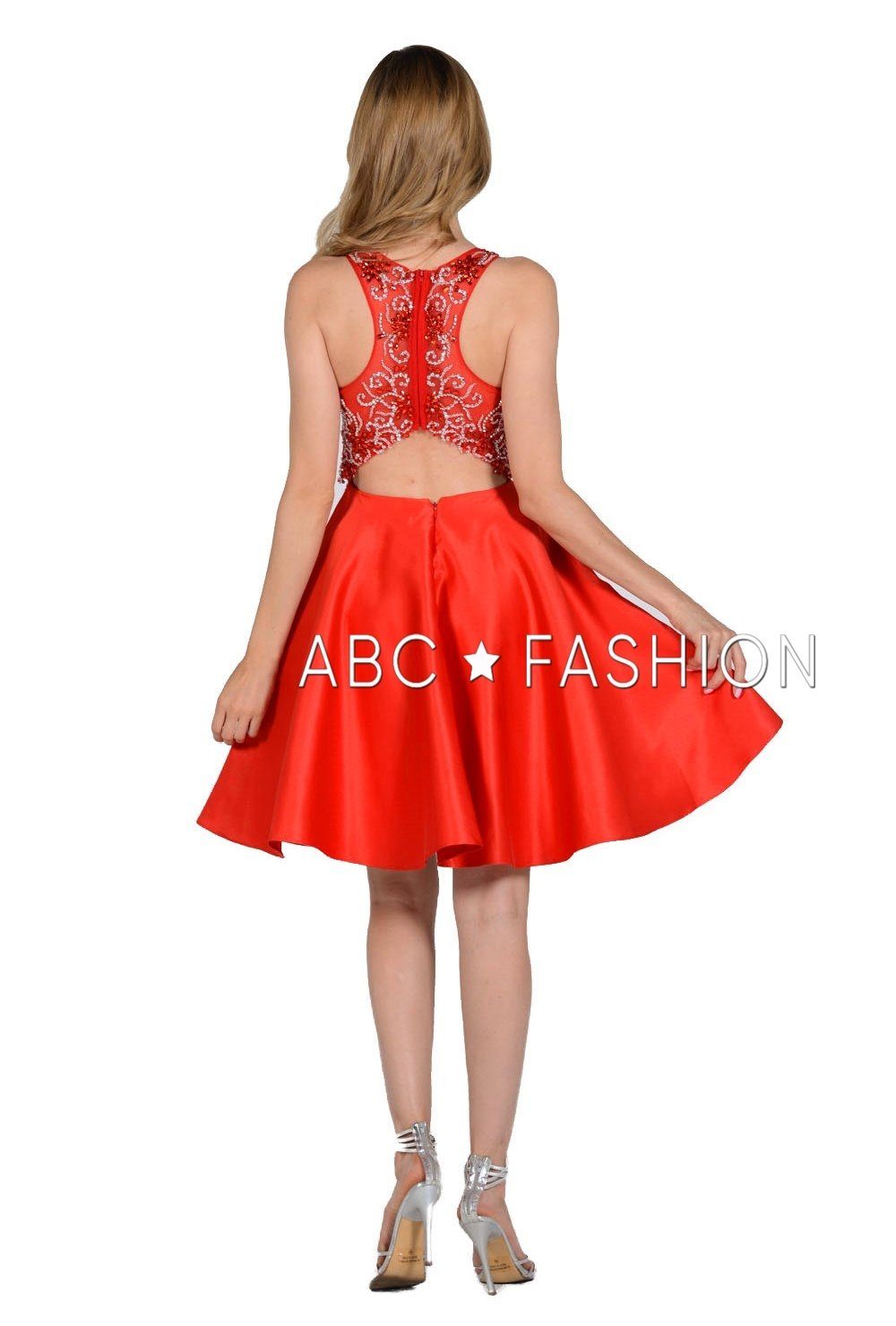 Beaded Short Illusion Dress with Cutout Back by Poly USA 8100-Short Cocktail Dresses-ABC Fashion