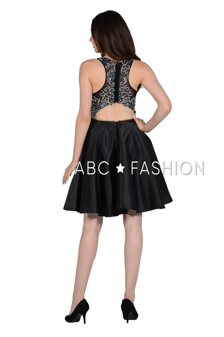 Beaded Short Illusion Dress with Cutout Back by Poly USA 8100-Short Cocktail Dresses-ABC Fashion