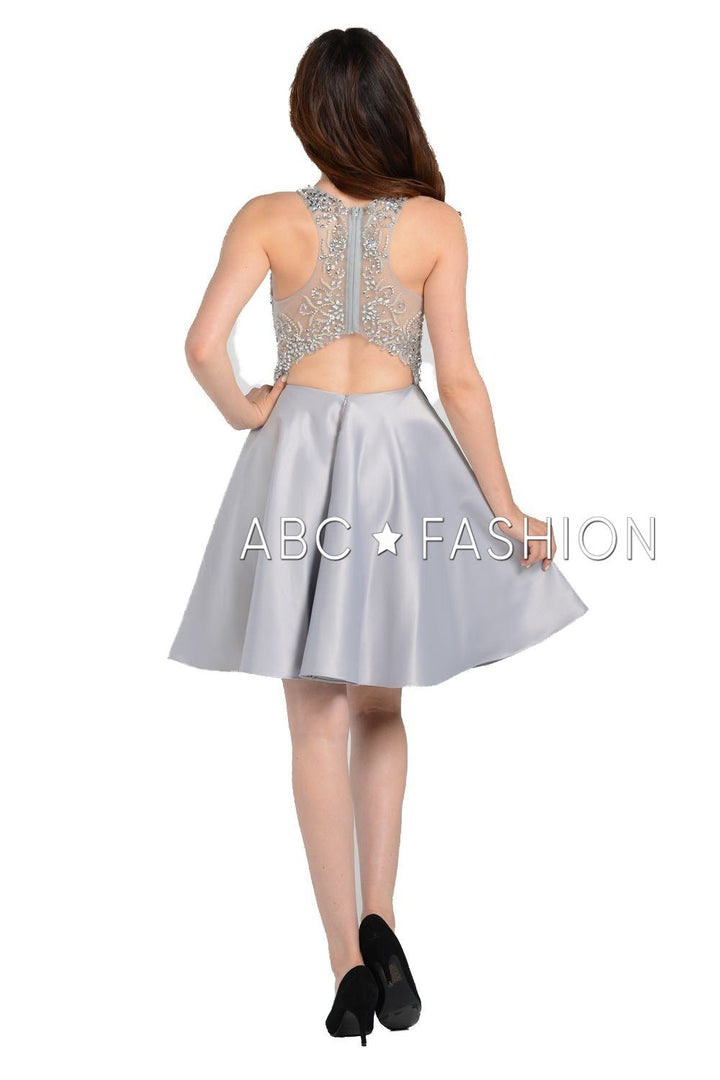 Beaded Short Illusion Dress with Cutout Back by Poly USA 8100-Short Cocktail Dresses-ABC Fashion