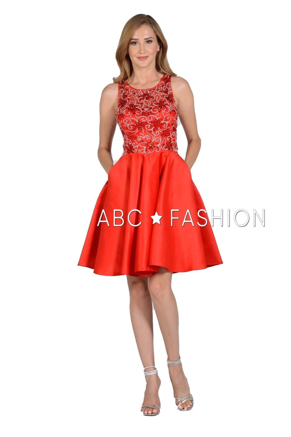 Beaded Short Illusion Dress with Cutout Back by Poly USA 8100-Short Cocktail Dresses-ABC Fashion
