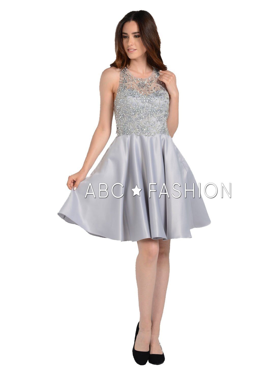 Beaded Short Illusion Dress with Cutout Back by Poly USA 8100-Short Cocktail Dresses-ABC Fashion
