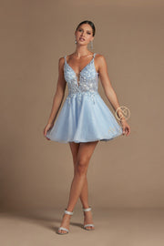 Beaded Short Illusion V-Neck Dress by Nox Anabel E711