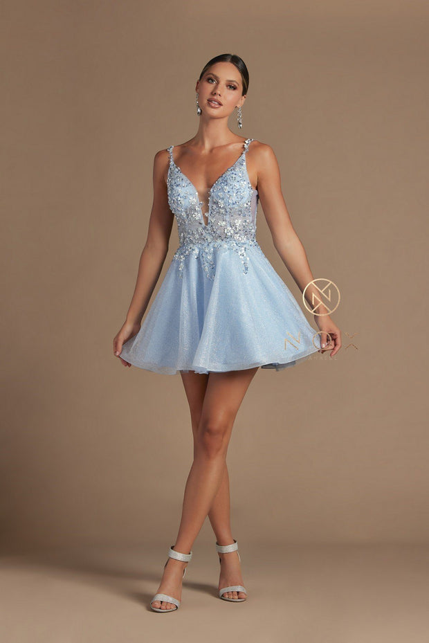 Beaded Short Illusion V-Neck Dress by Nox Anabel E711