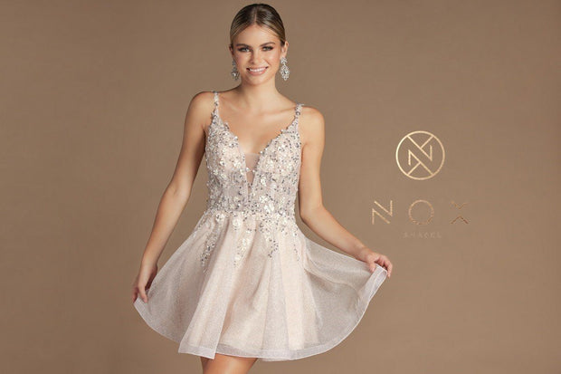 Beaded Short Illusion V-Neck Dress by Nox Anabel E711