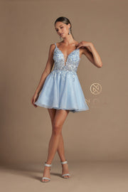 Beaded Short Illusion V-Neck Dress by Nox Anabel E711