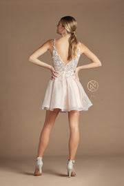 Beaded Short Illusion V-Neck Dress by Nox Anabel E711